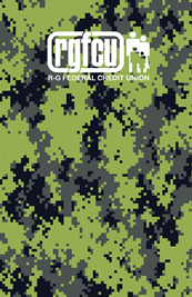 Camo-style pattern in R-G dark blue and green, R-G logo in white.