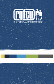 Blue speckled vertical card with horizontal multicolored bar across middle and RGFCU logo in white.