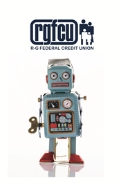 White RGFCU vertical card with old fashioned robot and RGFCU logo in navy.