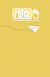 Yellow speckled vertical card with paper airplane flying across and RGFCU logo in white.