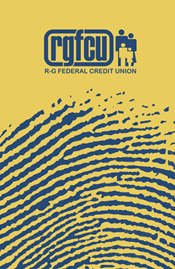Yellow vertical card with blue fingerprint design and blue RGFCU logo.