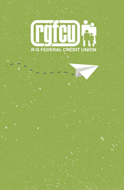 Green background with white paper airplane, R-G logo in white.