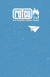 Light blue card with white paper airplane. White R-G logo.