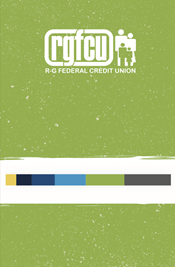 Green card with multi-colored stripes in R-G brand colors. White R-G Logo.