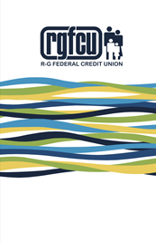 Flowing stripe pattern in R-G brand colors on white background. R-G logo in dark blue.