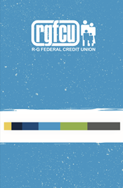 Light blue card with multi-colored R-G branded stripe across center. R-G logo in white.