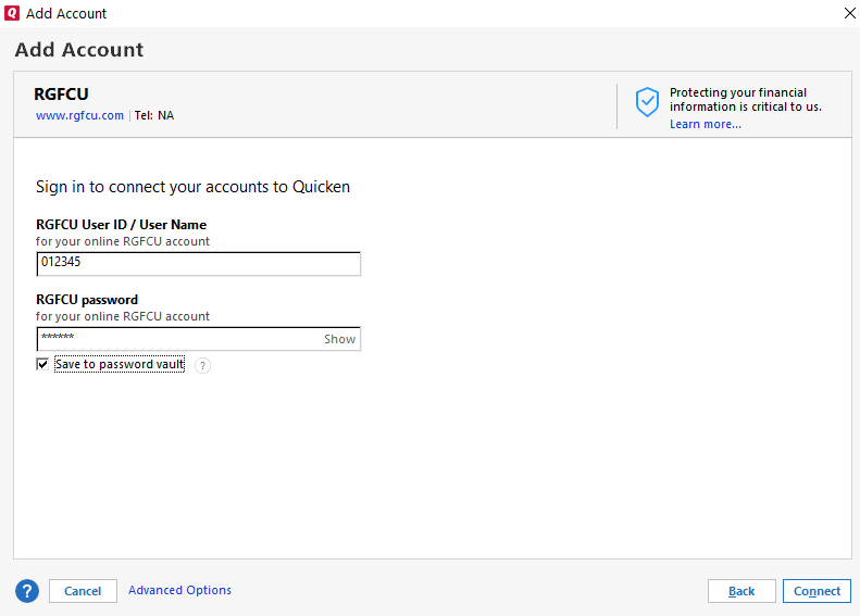 Quicken add RGFCU credentials